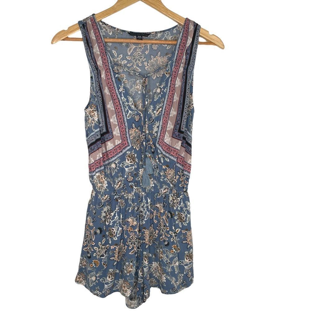 American Eagle Blue and Pink Floral Boho, Festival Wear Faux Wrap Romper